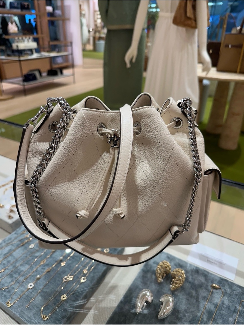 Tory burch Charlie Quilted Leather Drawstring Bag Small White